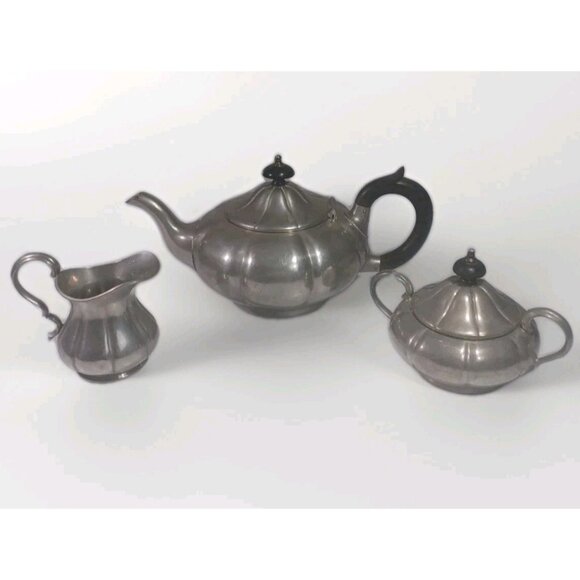 Antique Sheffield Pewter Pumpkin Melon Shape Teapot Cream Sugar Set By James Dix - Picture 5 of 15